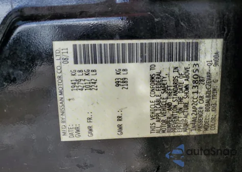 2012 Nissan Altima Base z USA, uszkodzony, nr VIN 1N4AL2AP2CC138053